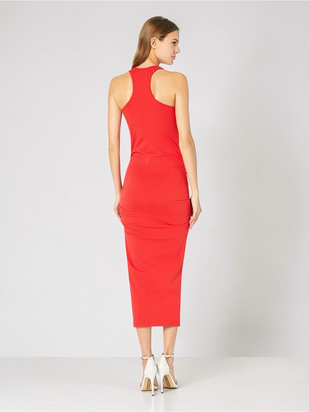 NWT Michael Stars Racerback Midi Dress Size M Ruched Red - Picture 3 of 13